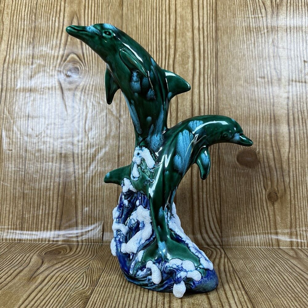 Ceramic Dolphin‎ Statue Crashing Waves 11”